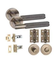 Straight T-Bar Knurled Bathroom Door Handle Set with Thumb turn, Deadbolt+Hinges