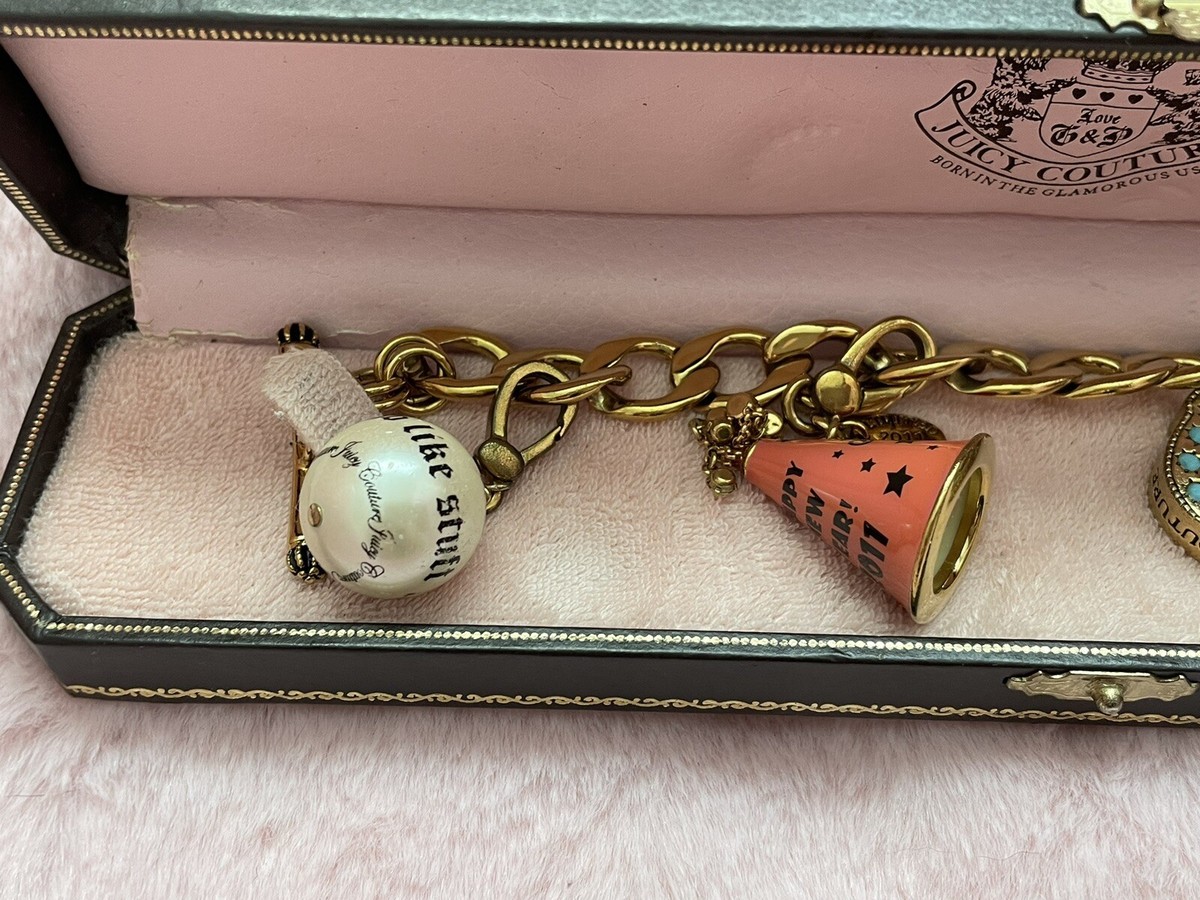 Y2K Juicy Couture Charm Bracelet Gold 4 Charms Pearl Pink 