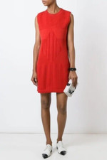 AUTH. CHANEL MINI DRESS SLEEVELESS RED COTTON BLEND KNIT STRETCH FIT CC LOGO 38