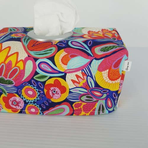 Tissue Box Cover Handmade Bright Multi-Coloured Floral Silver Circle Opening - Picture 11 of 13