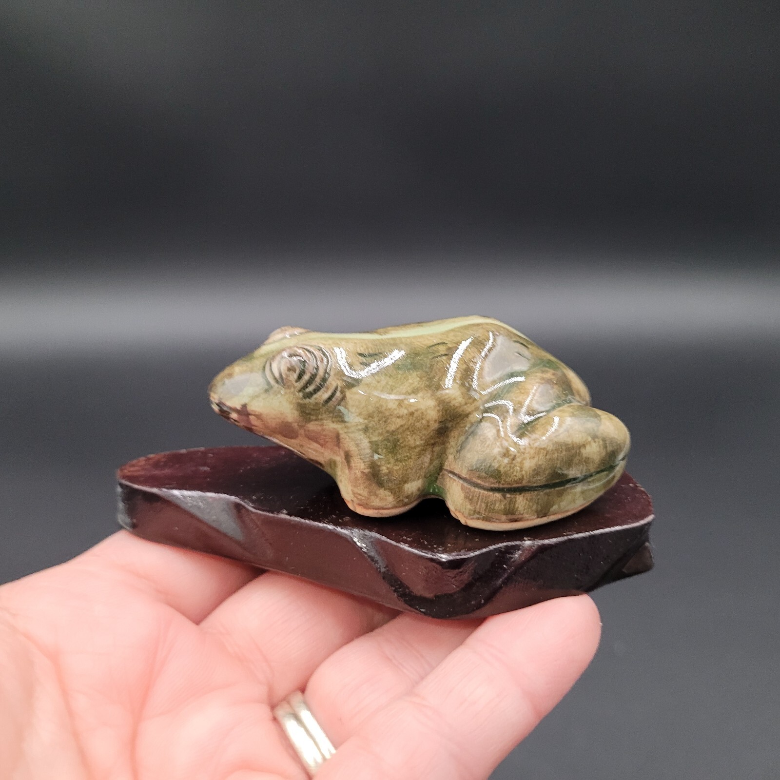 Vintage Frog Figurine With Wood Base Small 4"