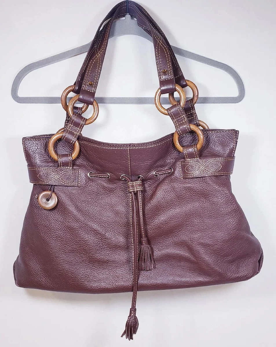 THE SAK Pink Label Pebbled Leather Shoulder Bag Purse Stitching Tassels Brown