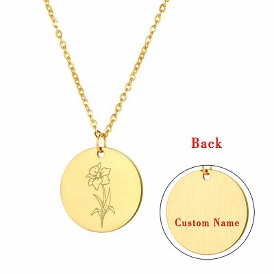 Stainless Steel Flower Birth Month Pendant Necklace Birthday Gift Free Engraving