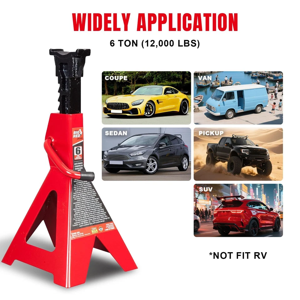 BIG RED T46202 Torin 6 Ton (12,000 lbs) Capacity Steel Jack Stands, Red, 1-Pair - Image 2 of 4