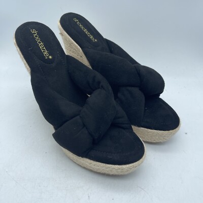 Shoe Dazzle Alina Black Espadrille Slip On Open Toe Wedges Heels Women's Size 9