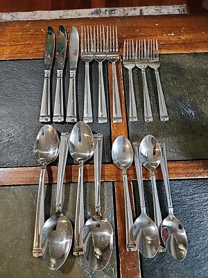 Cambridge CRESTON Satin Glossy Crossed Lines Stainless Flatware Set 17 Pc.
