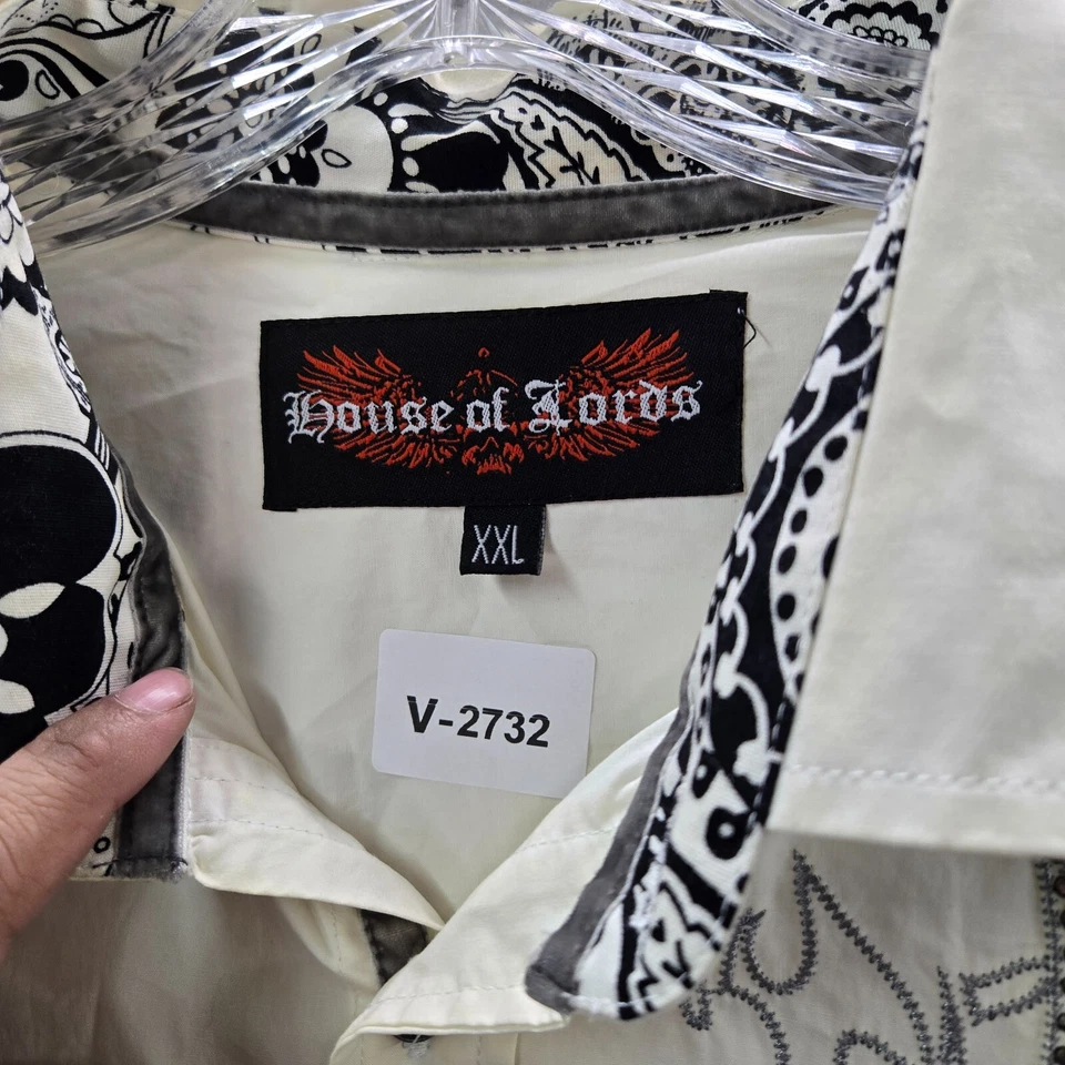 House Of Lords Men Button Up Shirt 2XL White Y2K Grunge Cross Wings Rhinestones - Image 2 of 4