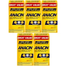 5 Pack Anacin Fast Pain Relief Aspirin & Caffeine Pain Reliever 300 Tablets Each