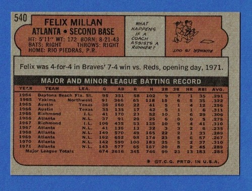 1972 Topps #540 Felix Millan EX EX-MT Atlanta Braves - Foto 2 di 2