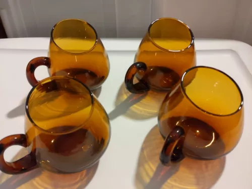 Set (4) of Vintage Blenko Amber MCM Hand Blown Angled Glass Mugs Cups