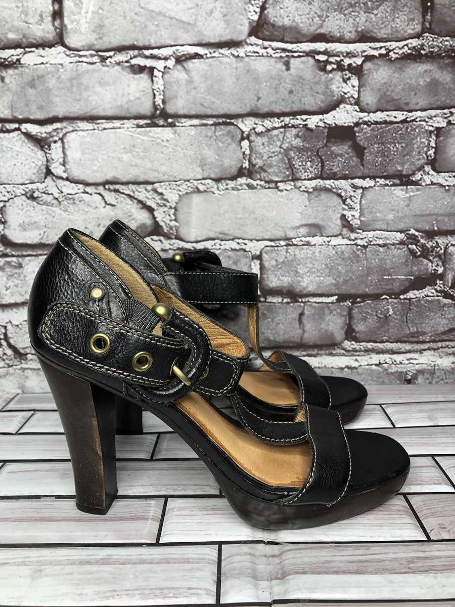 Frye Gabby Bucklet Black Leather T-Strap High Heel Sandals Women's - Main Image