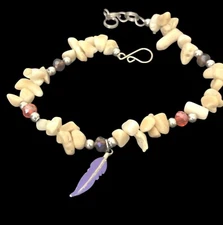 Spirit of Nature Anklet- beige chip beads- purple feather charm 9"-10"
