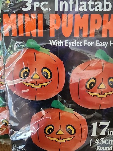 Vintage Inflatable Pumpkin Halloween Decorations 17” Round Set Of 3 - NOS Sealed - Picture 3 of 4