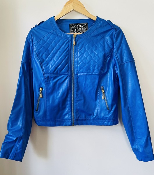 LAST KISS Electric Blue  BOMBER JACKET SIZE  L - XL LINED EUC Faux Leather