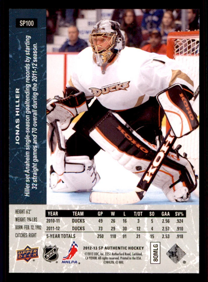 2012-13 SP Authentic 1994-95 SP Retro #SP100 Jonas Hiller - Image 2 of 2