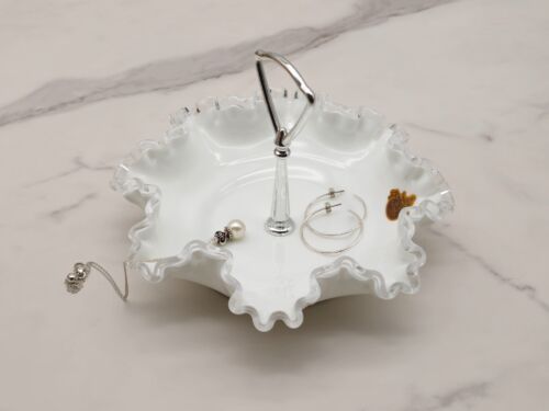 Vintage Fenton Silver Crest Milk Glass Ruffled Bon Bon Bowl With Handle - Picture 2 of 19