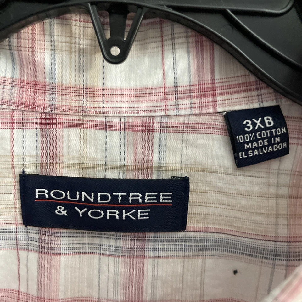 Roundtree & Yorke Mens Button Shirt Beige Plaid 3XB Big Cotton Short Sleeve - Image 2 of 4