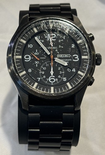 Seiko Chronograph Watch Men 43mm Black Silver Tone 7T92-0JS0 New Battery - Picture 1 of 5