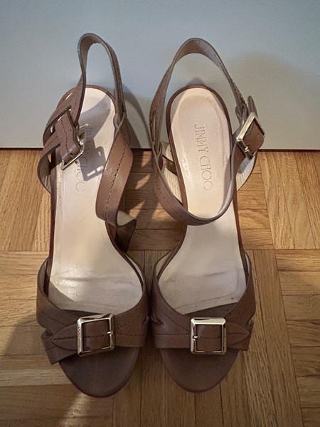 Jimmy Choo Leder Sandalen Absatz Braun Schnallenriemen EU 37,5 Luxus