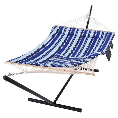 Double Hammock with Stand, Two Person Cotton Rope Hammock, Blue Stripe