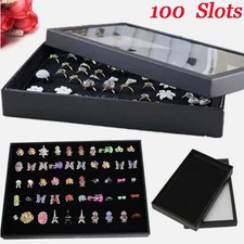 100 Slots Jewelry Ring Display Organizer Tray Holder Earrings Storage Boxes Case