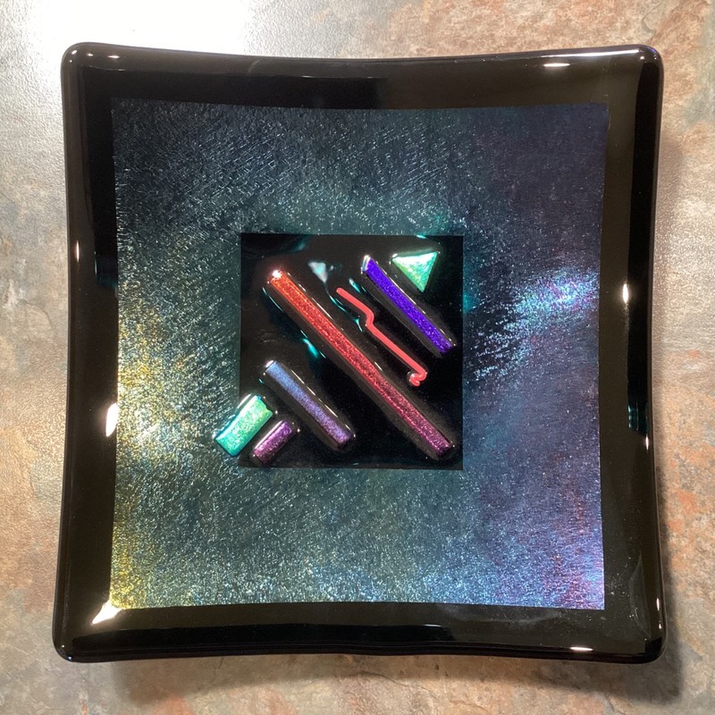 Dichroic Fused Art Glass Green Iridescent 6” Square Trinket Dish Decor