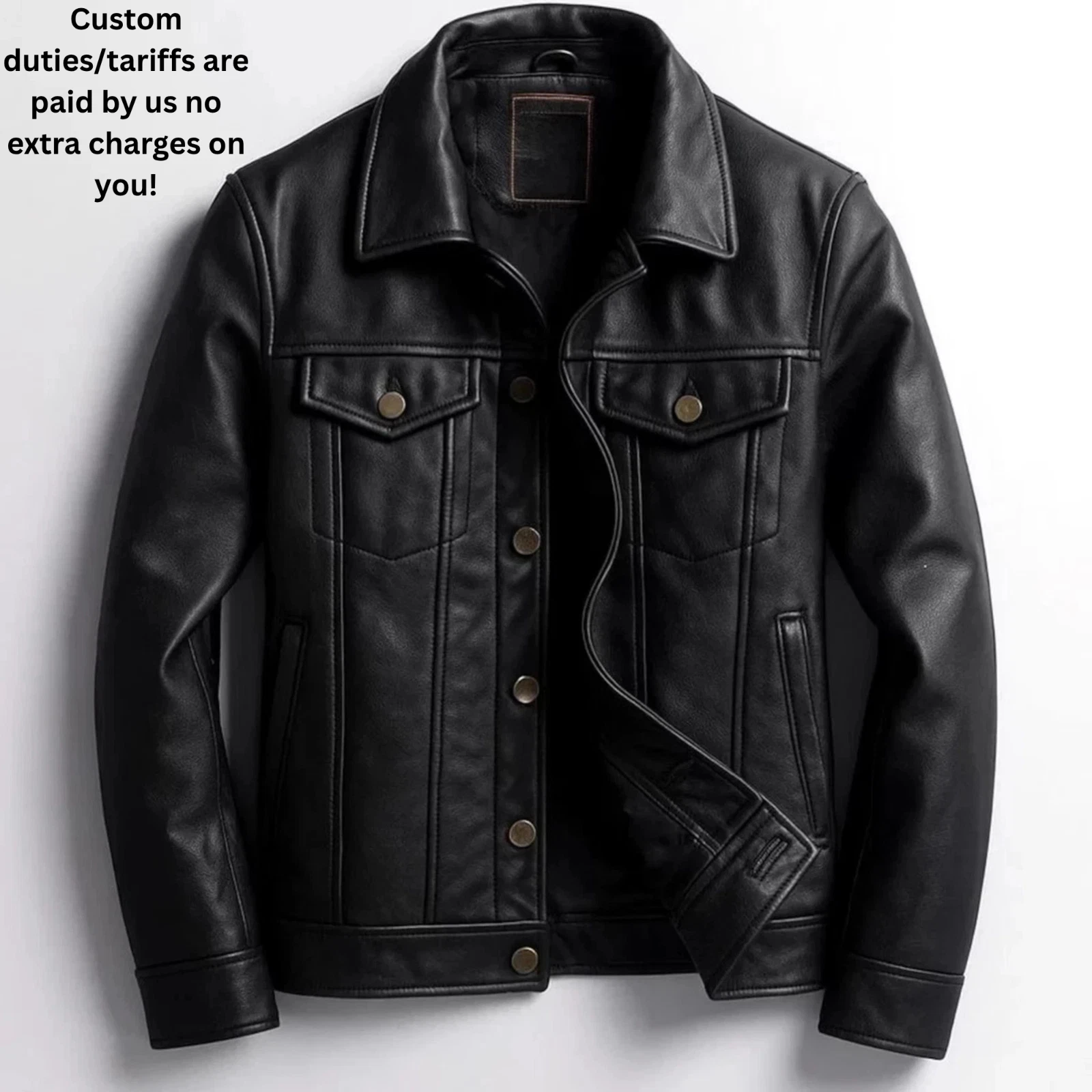Men's Black Sheepskin Leather Trucker Jacket Vintage Western Cowboy Style Shirt