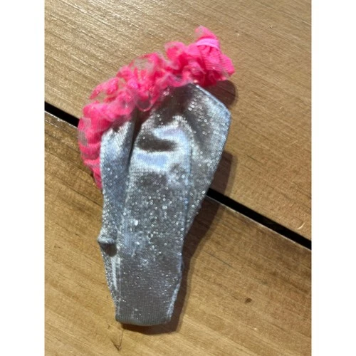 Vintage Barbie Swimsuit. Metallic Silver one shoulder pink ruffle