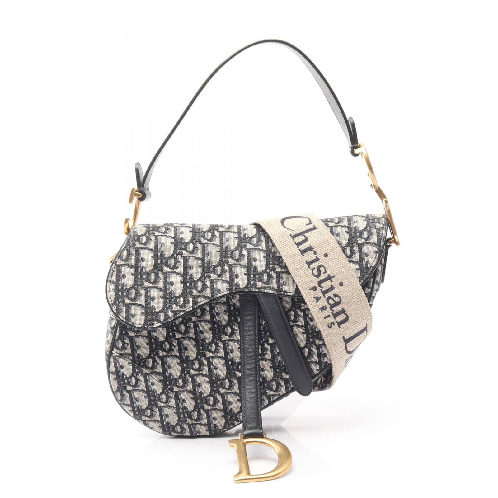 Christian Dior Saddlebag oblique Handbag jacquard leather navy beige used women