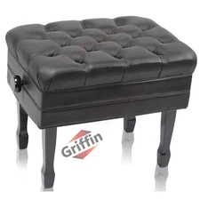 Genuine Leather Adjustable Piano Bench Seat - GRIFFIN Black Wood Keyboard Stool