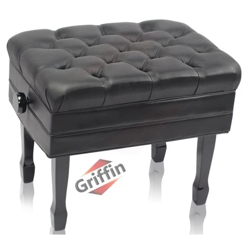 Genuine Leather Adjustable Piano Bench Seat - GRIFFIN Black Wood Keyboard Stool