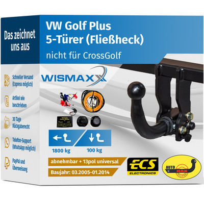ANHÄNGERKUPPLUNG abnehmbar für VW Golf Plus 05-14 +13pol E-Satz ABE