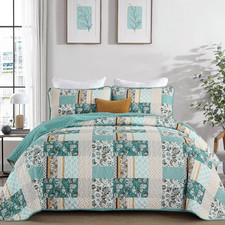 3 Pieces Quilt Set King Size, Teal Patchwork Plaid Bedspread Coverlet Set, Flora