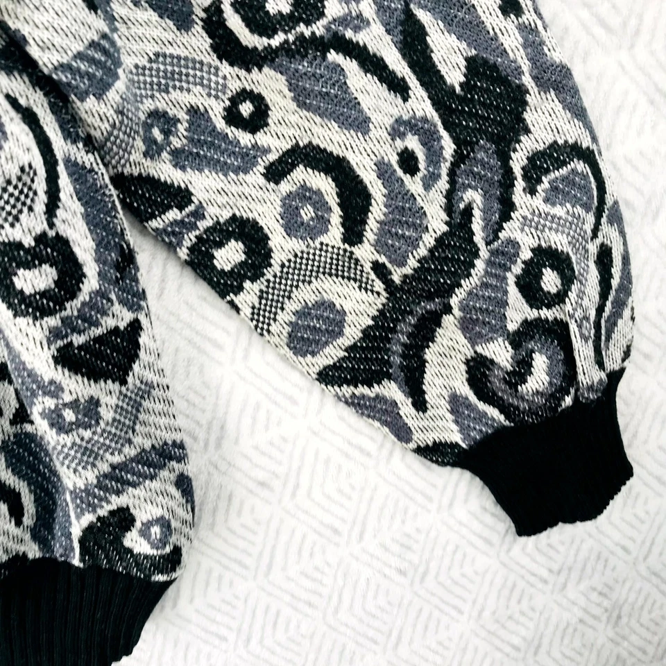 Vintage Pull Femme XL Noir Blanc Maille Douce Col Polo Jacquard Abstrait Enfiler - Photo 2/4