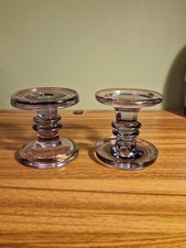 A Pair Of Blue Glass Dual Sided Candlestick Holders Pillar Or Taper Candle