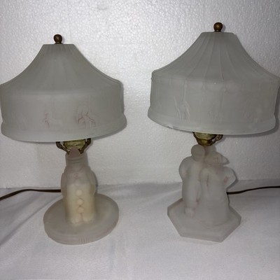 2 LE Smith 1930s Art Deco Frosted Glass Lamp Clown Circus Carousel Dutch Couple