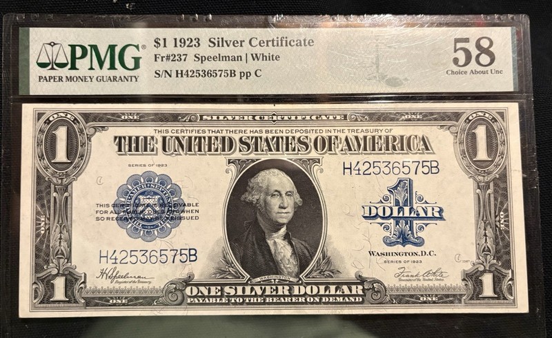 1923 $1 Silver Certificate Fr#237 Speelman/White PMG 58 AU Banknote
