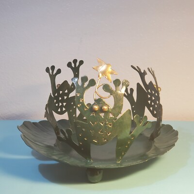 Three Dancing Frogs on Lily Pad Footed Metal Candle/Plant Holder 5.25''x7''x7.5''