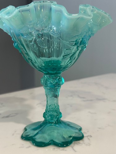 Fenton Teal Turquesa Opalescente Prensado Col Rosa Cuenco Colección - De Colección - Imagen 6 de 16
