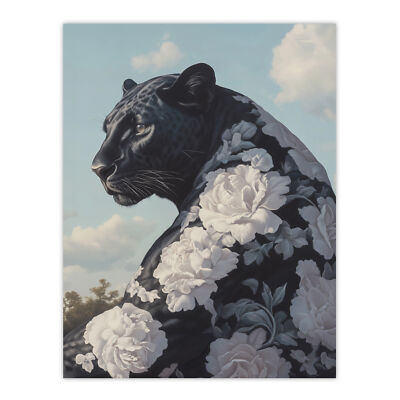 Black Panther White Rose Flower Pattern Fur Coat Wall Art Poster Print  UK