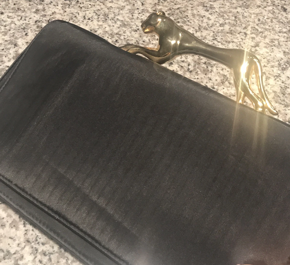 Rare Vintage Black Satin Purse Metal Jaguar Cougar Handle 80's Sold Out  Style