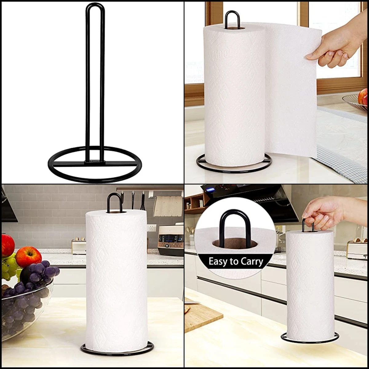 Paper Towel Holder Countertop Kitchen Stand Black Steel Wood