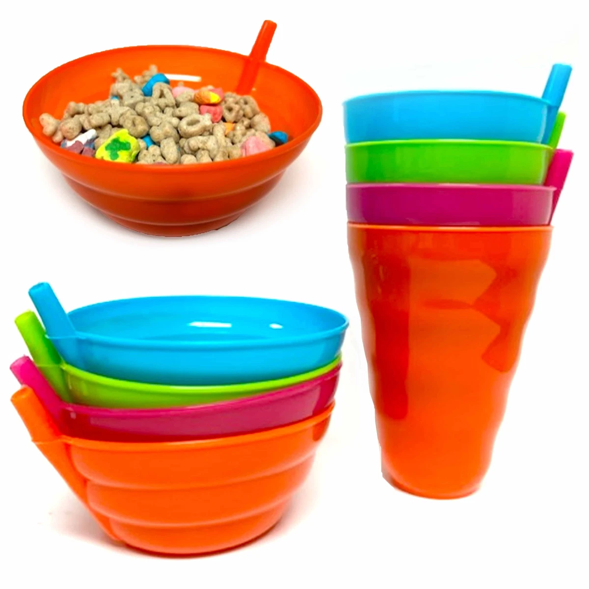 8 Pc Cereal Bowls with Straws and Kids Straw Cups Set Sippy Sip-a-Bowl BPA  Free