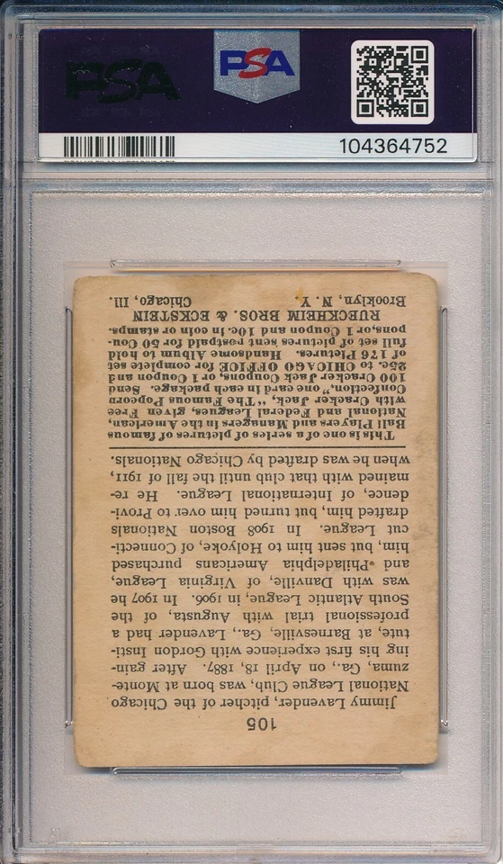 1915 CRACKER JACK #105 JIMMY LAVENDER - PSA 2 GD (SVSC) FRESHLY GRADED! HIGH #! - Image 2 of 2