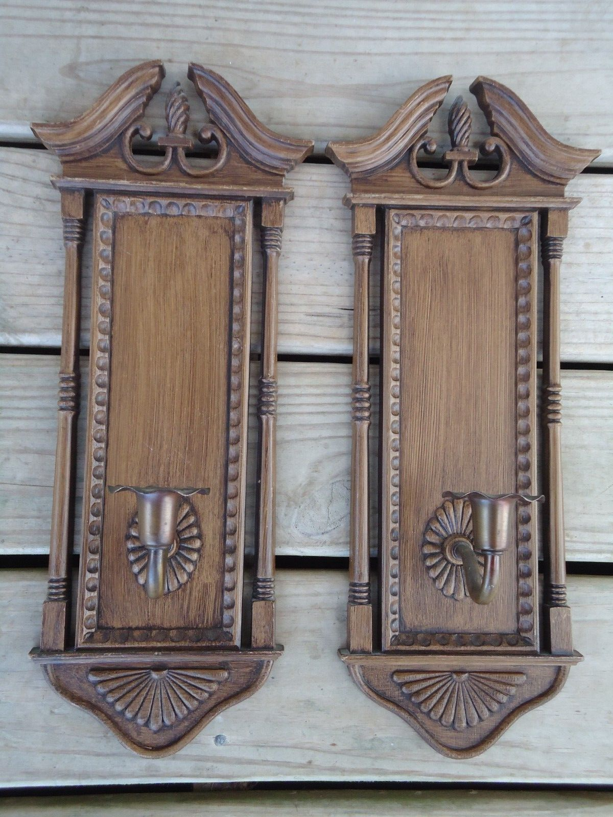 Pair VTG Wall Sconce Candle Holder Hanging Decoration Faux Wood 70s Library Hall