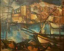 Vintage Ships in Harbor Mid Century Expressionist Litho Art Print  24" x 19.5"