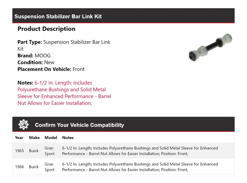 Kit de eslabones de barra estabilizadora de suspensión delantera MOOG para Buick Gran Sport 1965-1966 Foto 2 de 4