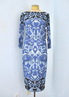 NWT Boston Proper Blue Wallpaper Print Stretch Bodycon Dress Ruched Side Seams 8