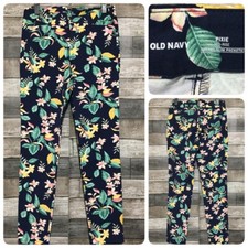 Old Navy Pixie Floral Pants Women  s 6 Navy Blue Mid Rise Stretch Inseam 29 