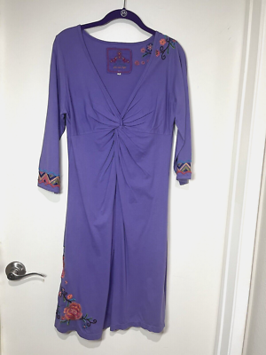 johnny was purple dress JOHNNY WAS Embroidered Floral Purple Dress Sz M Twist Front 100% cotton NICE!!!